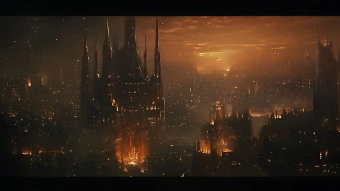 Gothic megastructure dominates a smog-choked infernal metropolis