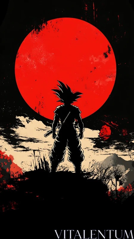Lone warrior silhouette confronts a blazing blood-red moon