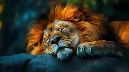 Chromatically lit lion in high-contrast resting portrait study.