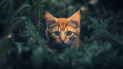 Emerald-Eyed Guardian Peering Through Forest Sentinels.