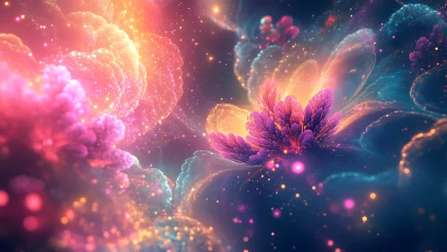 Stellar bloom gardens ignite in iridescent cosmic mist.
