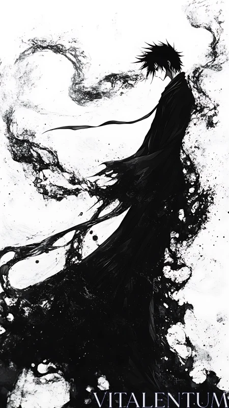 Monochrome ink-silhouette figure dissolves into splattered fluid dynamics