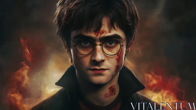 Digital portrait shows injured youth with glasses before flames