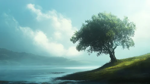 Lone lakeside tree under soft morning mist and sky.