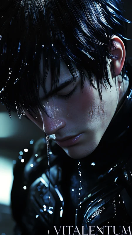 Wet-haired figure in close-up portrait with downward gaze