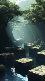 Sunlit forest river with mossy stone paths and quiet magic.