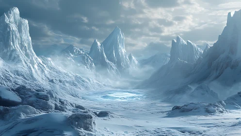 Glacial basin under diffuse polar light with stratified ice ridges