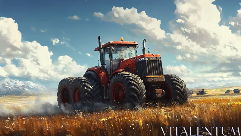 Red heavy tractor crossing open golden farm field under sky.