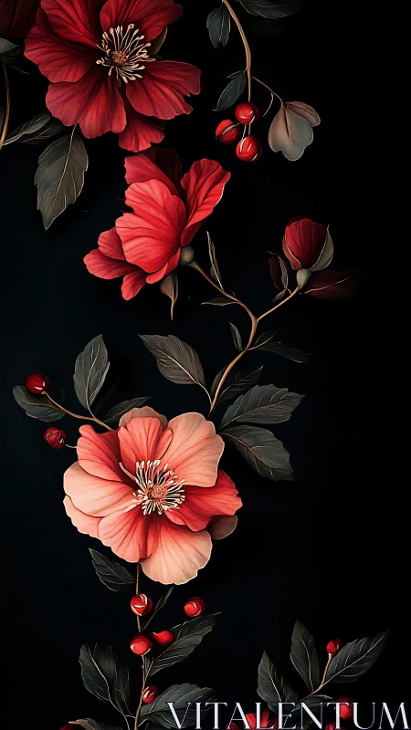 Red botanical blooms arranged vertically against black background with dramatic lighting.