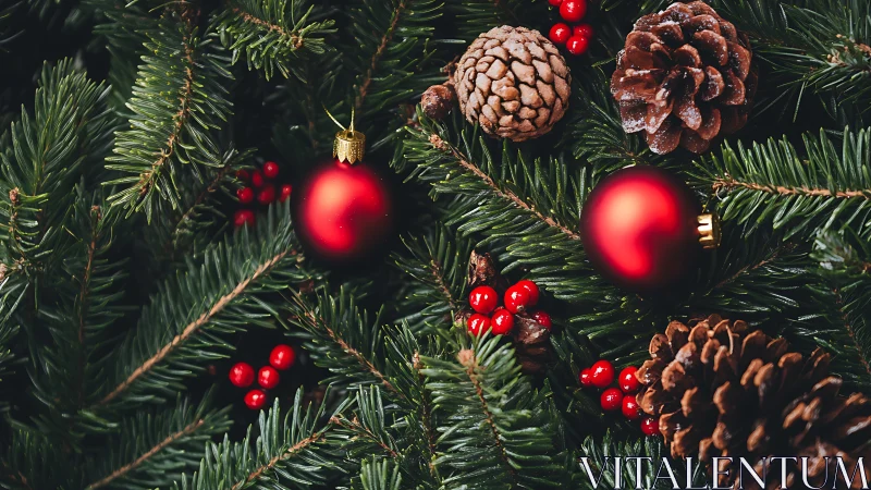 Red baubles, pinecones and berries on dense fir branches.