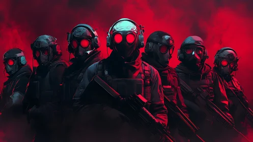 Squad of red‑eyed guardians in a storm of digital smoke.
