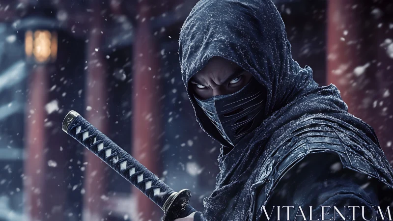Hooded ninja grips katana in swirling snowy night storm.