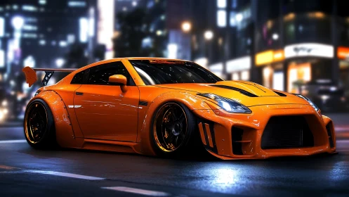 Orange modified sports coupe on wet night city street.