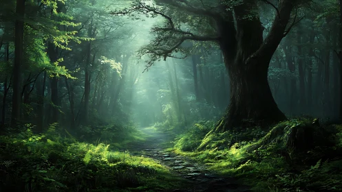 Misty Forest Path Through Ancient Trees and Verdant Growth