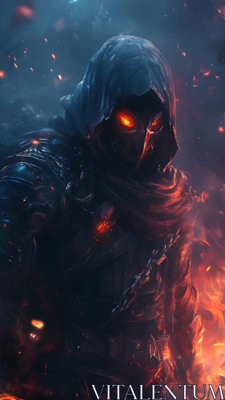 Hooded armored figure with fiery eyes stands amid embers