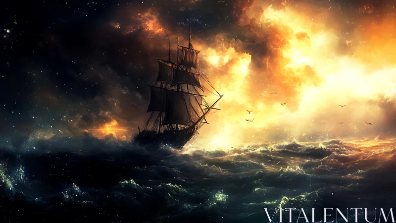 Tall ship cuts stormy ocean under burning cosmic sky
