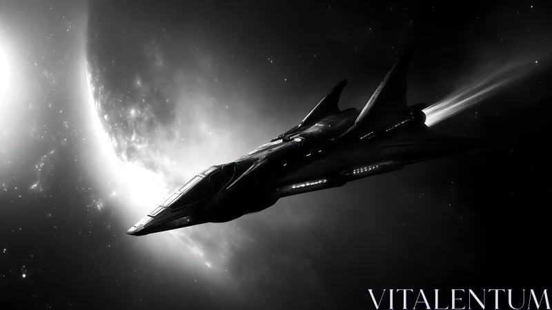 Monochrome starship silhouette accelerates past luminous exoplanet