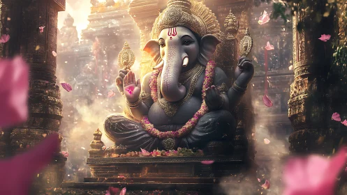 Petaled light swirls around serene elephant deity in gold