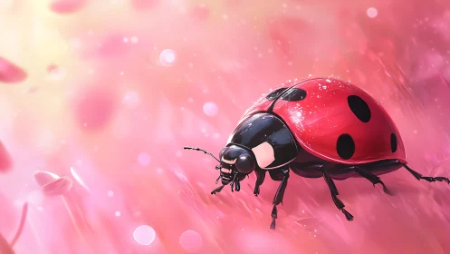 Ladybug crosses dewy pink meadow in soft glowing light