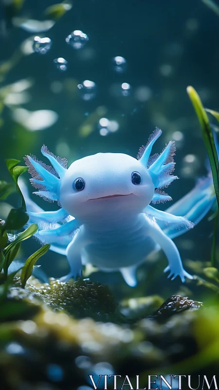 Bioluminescent blue axolotl juvenile in planted aquascape habitat