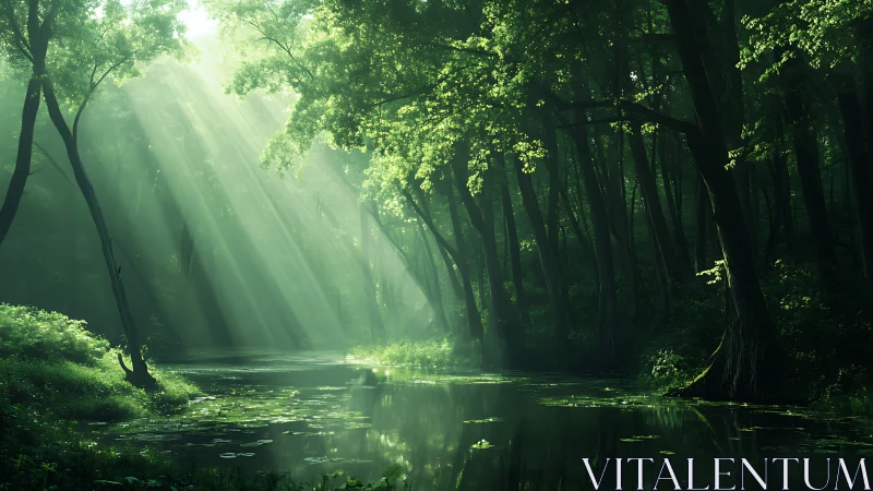 Forest stream with cathedral light through canopy.