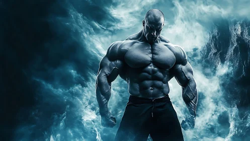 Muscular figure in blue-lit mist with exaggerated physique.