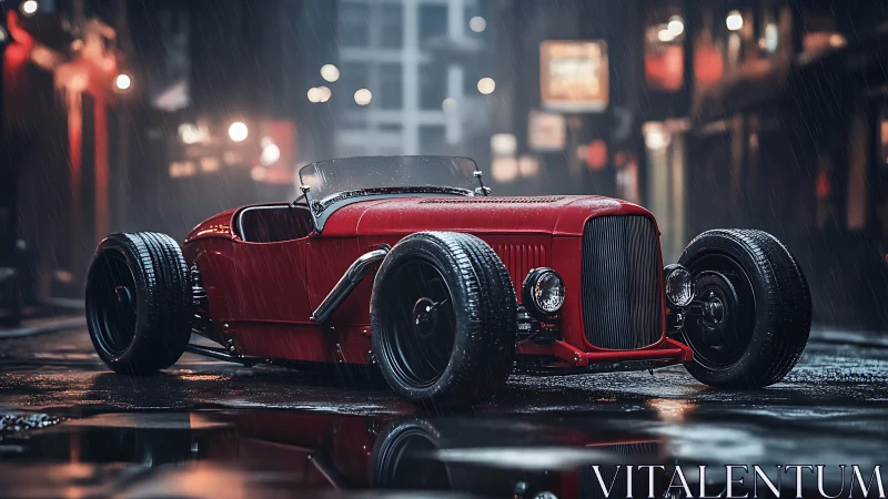 Red custom hot rod parked on wet night city street scene