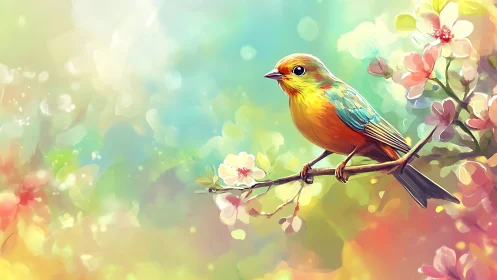 Vibrant songbird on blooming branch in dreamy watercolor style.
