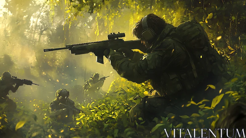 Stealth squad glows in jungle gunfire and golden haze.