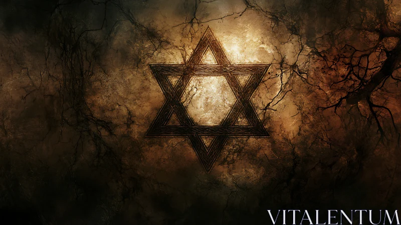 Burnished Star of David glowing in cracked earthen dusk.