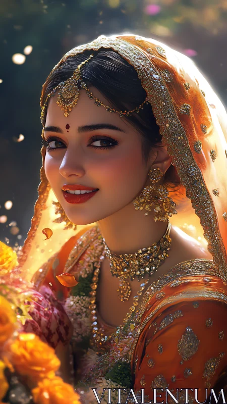 Sunlit bride in marigold veil and shimmering gold jewelry.