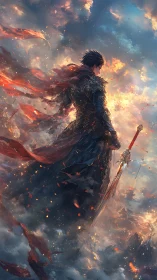 Armored figure stands in cloudscape with drawn sword and embers