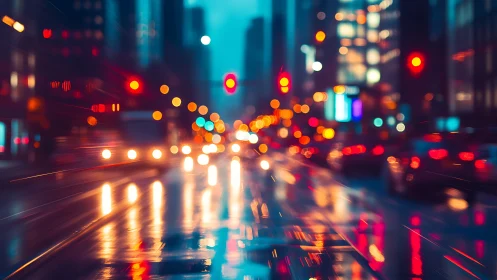 Night city traffic lights reflected on wet street surface.