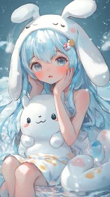Soft blue-haired girl cuddling bunny plush in gentle water.