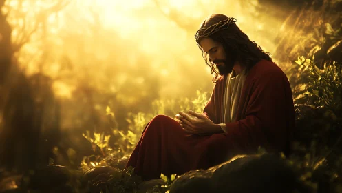 Solitary robed figure prays in golden forest light at dawn