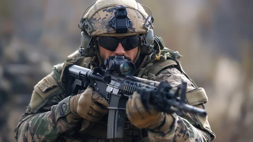Soldier aims assault rifle with optics during field operation