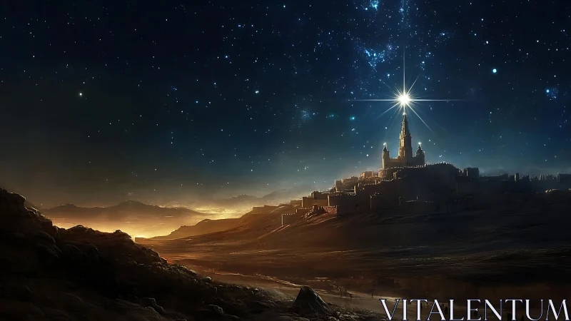 Luminous star crowns a distant desert fortress at night.