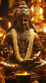 Gilded Hindu deity sculpture with garland in candlelit shrine