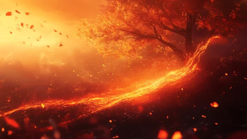 Luminous Wildfire Engulfing Landscape with Glowing Embers and Sparks