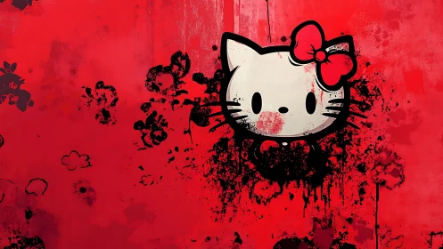 Iconic cat head emblem over distressed red splatter field.