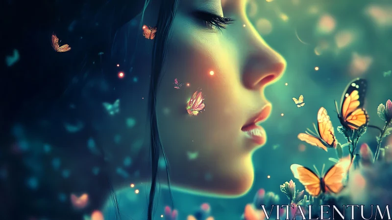 Profile portrait immerses in luminescent butterflies and bokeh haze