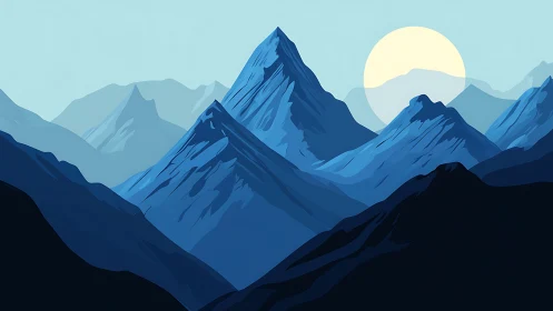 Layered blue mountain range is rendered beneath pale sun