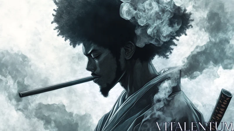 Digital painting profile of samurai smoker in drifting smoke field.