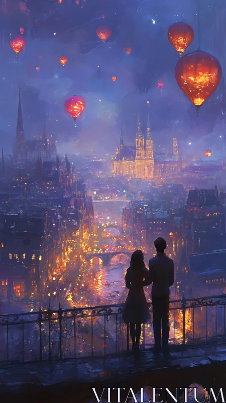 Couple observes illuminated city skyline with glowing heart-shaped balloons.