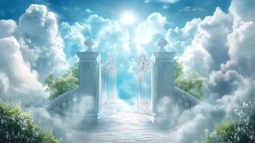 Radiant heavenly gates open into a serene luminous sky