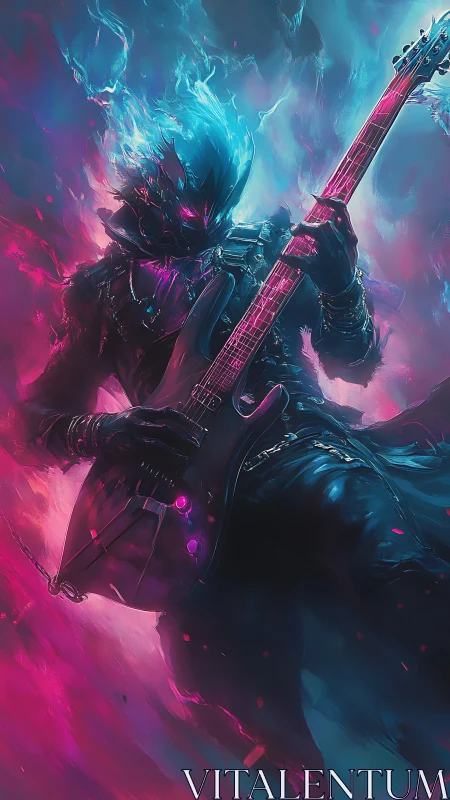 Flame headed guitarist in neon blue and magenta light field.