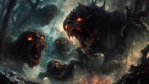 Nightmare swarm of ember-eyed wraiths in burning mist.