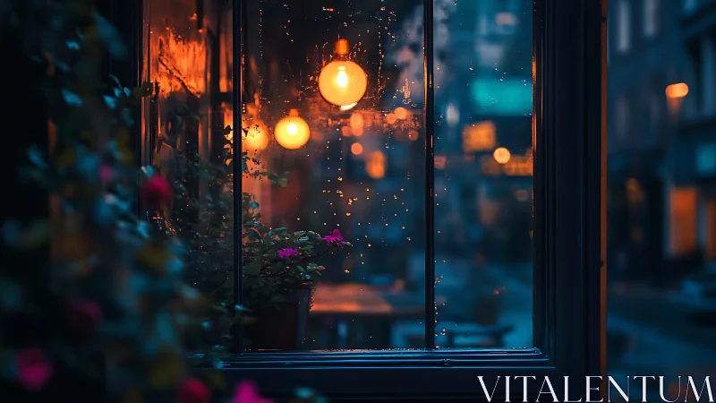 Rainy café window glowing with warm urban bokeh lights.