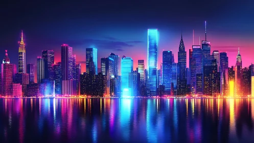 Neon cyberpunk skyline glowing over reflective harbor.