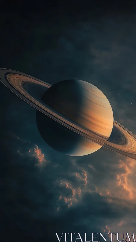 Ringed gas giant planet rendered with dramatic side lighting